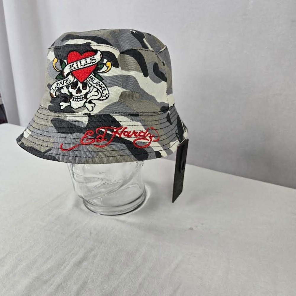 Ed Hardy Reversible Bucket Hat Grey Camo Love Kills Slowly Skull Black NEW